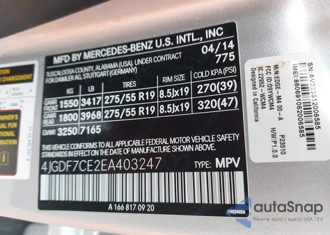 2014 Mercedes-Benz Gl 450 4Matic z USA, uszkodzony, nr VIN 4JGDF7CE2EA403247